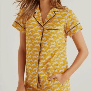Boden Yellow Button Down Pajama Sleep Shirt with Leopard Print, Size 6